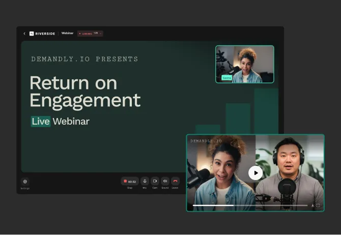 Screenshot of a live webinar titled 'Return on Engagement' presented by Demandly.io, showing two video speakers in a virtual meeting interface.